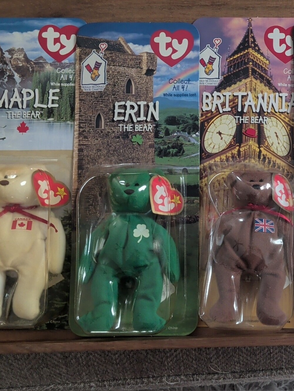 Ty McDonalds Beanie Babies Maple, Erin, Britannia & Glory Plush Bear Set